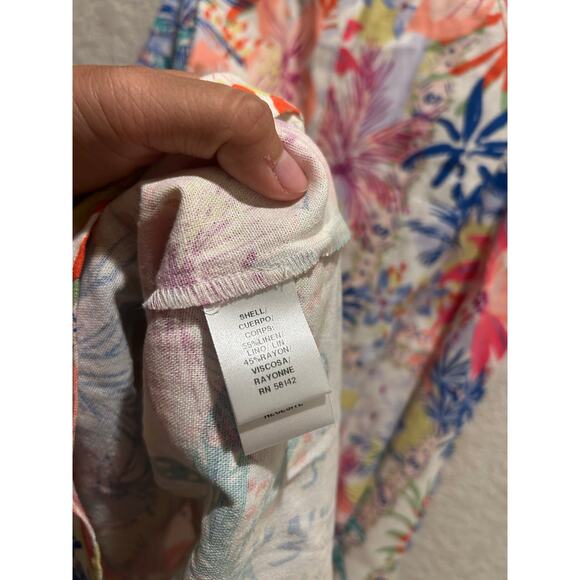 Maggy London Linen Blend Patch Print Shift Mini Dress size Large - Picture 2 of 6